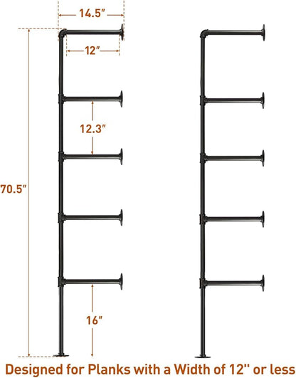 HITOMEN Industrial Iron Pipe Shelves, 2 Set 5-Tier 70.5" Tall 12" Depth, DIY Open Bookshelf Bookcase, Wall Mounted Vintage Retro Shelving, Rustic Farmhouse Pantry Kitchen Storage, Black Shelf Brackets