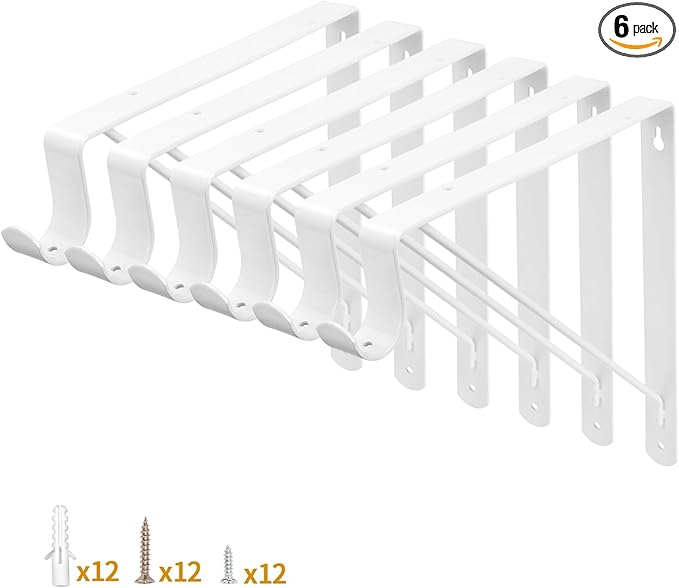 Yarssihha 6 Pack Closet Rod Bracket, 12 x 10.4 Inch Wall Mounted Closet Shelf Bracket, White Closet Rod Support Bracket with Screws
