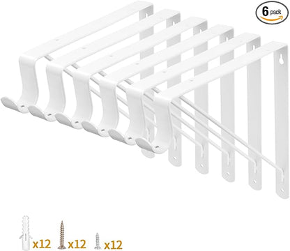 Yarssihha 6 Pack Closet Rod Bracket, 12 x 10.4 Inch Wall Mounted Closet Shelf Bracket, White Closet Rod Support Bracket with Screws