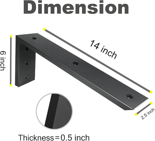 WINKER Countertop Support Bracket 3 Pack Heavy Duty 1/2" Thick Hidden L Shelf Bracket 14" x 6" x 2.5" Metal Corbels for Quartz/Granite/Wood/Concrete/Laminate Countertops, Black