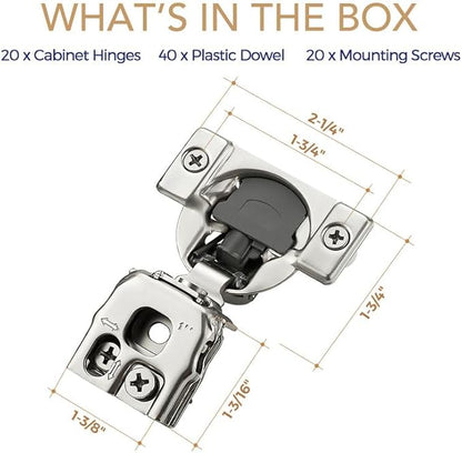 20 Pack 10 Pair 1 inch Overlay Soft Close Hinges for Kitchen Cabinet Hinges Satin Nickel Hidden Hinges Stainless Steel Concealed Hinge self Closing