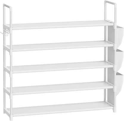 Shoe Rack for Closet Shoe Organizer Space Saver Storage for 20-25 Pair Shoe Shelf with Hook and Side Pocket Free Standing 5 Tier Shoe Rack Organizer for Entryway,Small Spaces, White