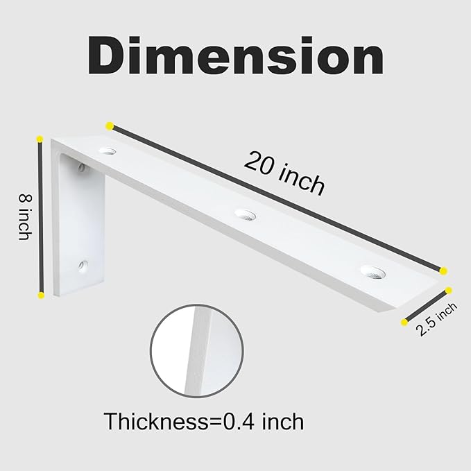 WINKER Countertop Support Bracket 2 Pack Heavy Duty 3/8" Thick Hidden L Shelf Bracket 20" x 8" x 2.5" Metal Corbels for Quartz/Granite/Wood/Concrete/Laminate Countertops, White (6 Hole)