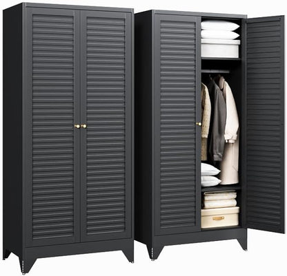 Letaya Metal Wardrobe Cabinets,71" Tall Armoire Wardrobe Closet with Fluted Doors and Shelves,Large Coat Closet Cabinet with Hanging Rod,Clothing Storage Cabinets for Home Room(Black)