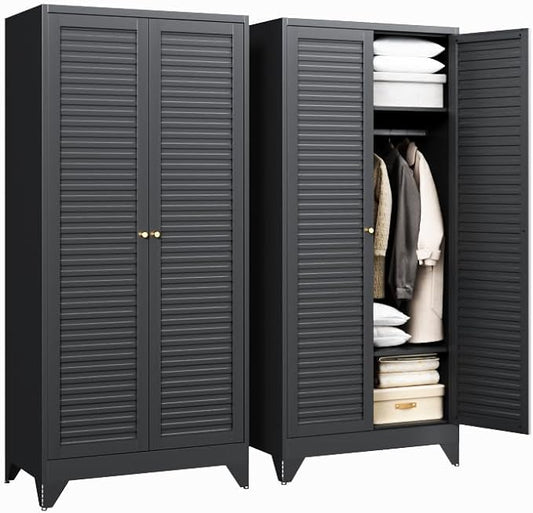 Letaya Metal Wardrobe Cabinets,71" Tall Armoire Wardrobe Closet with Fluted Doors and Shelves,Large Coat Closet Cabinet with Hanging Rod,Clothing Storage Cabinets for Home Room(Black)