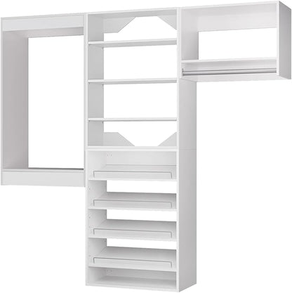 ROOMTEC Modular Closet System, 84" Wall Mounted Modern Closet Organizer with Hanging Rods and Shoe Shelf, Wooden Tower for Walk-In Closets, Wardrobe Storage Kit, White