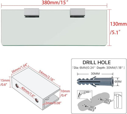 SAYAYO Floating Glass Shelves for Bathroom, 2/7 Inch Thicken Tempered Glass Shelf for Wall, 15 x 5 Inch 2 Pcs, Clear