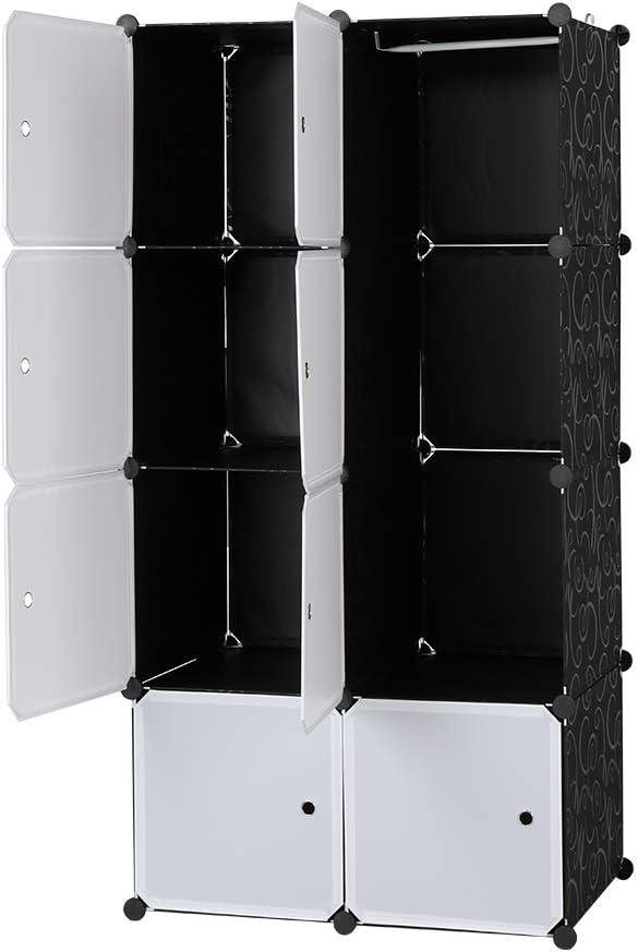 8 Cube Organizer Stackable Plastic Cube Storage Shelves Design Multifunctional Modular Closet Cabinet with Hanging Rod White Doors and Black Panels