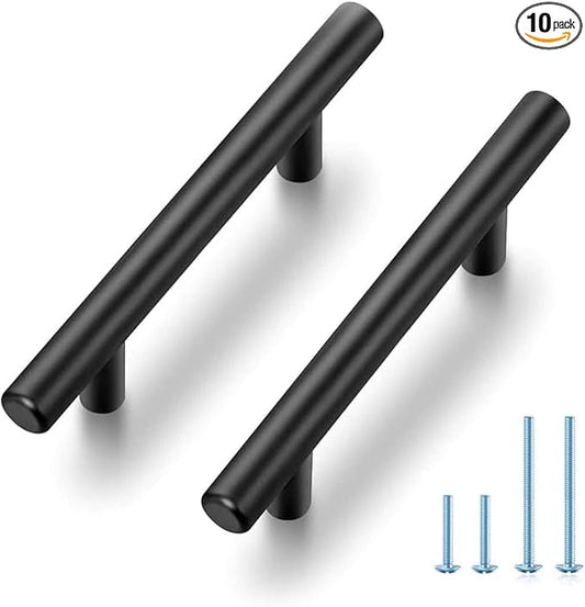 JOY DECOR 10 Pack 5 Inch Cabinet Pulls Kitchen Cabinet Handles with 3 Inch Hole Center Matte Black Cabinet Hardware Stainless Steel Kitchen Drawer Pulls for Cabinets Cupboard, 76mm Hole Centers