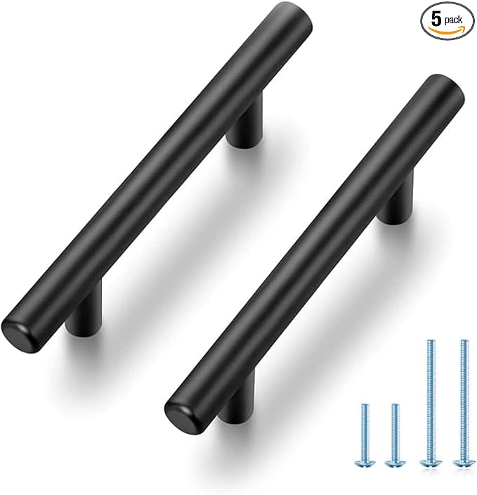 JOY DECOR 5 Pack 5 Inch Cabinet Pulls Kitchen Cabinet Handles with 3 Inch Hole Center Matte Black Cabinet Hardware Stainless Steel Kitchen Drawer Pulls for Cabinets Cupboard, 76mm Hole Centers