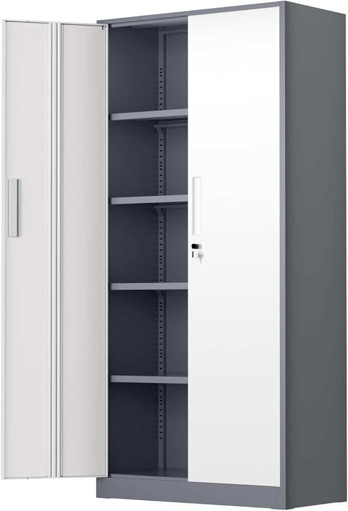 Bonusall 72" Metal Garage Storage Cabinet， Heavy-Duty Steel Cabinet with 2 Locking Doors & 5 Adjustable Shelves for Home, Office, or Workshop Organization(White Grey)