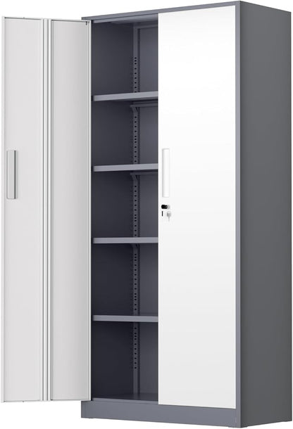 Bonusall 72" Metal Garage Storage Cabinet， Heavy-Duty Steel Cabinet with 2 Locking Doors & 5 Adjustable Shelves for Home, Office, or Workshop Organization(White Grey)