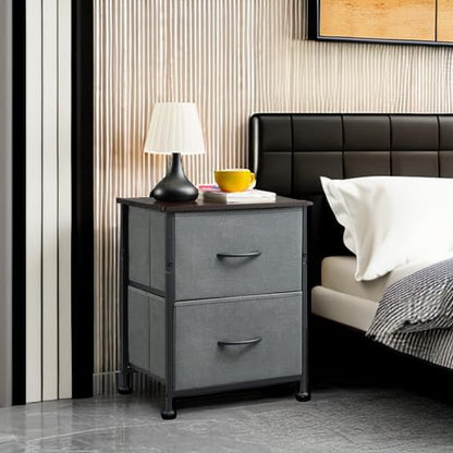 Somdot Nightstand Set of 2 with 2 Storage Drawers, Small Bedside Table End Table, Wooden Top Fabric Cabinet for Bedroom, Kids Closet, College Dorm, Entryway, Charcoal Grey