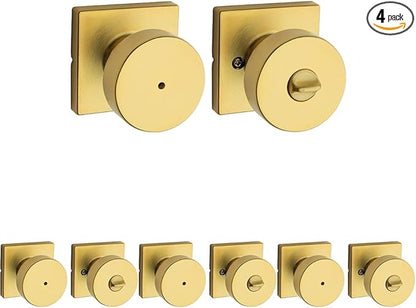 Kwikset Pismo Interior Privacy Door Knob with Lock, Door Handle for Bathroom and Bedroom, Satin Brass, Square, Keyless Turn Lock Doorknob, Microban Protection (Pack of 4)