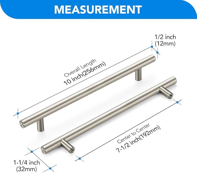 Brushed Nickel Cabinet Handles 7-1/2 Inch Hole Spacing Stainless Steel Drawer Pulls for Cabinets, Dresser, Bathroom 10 Pack