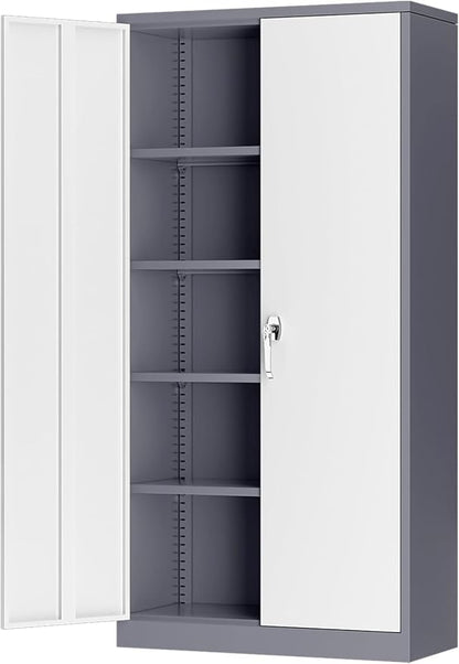 INTERGREAT Metal Storage Cabinet, 72” H Storage Cabinet with 2 Doors and 4 Adjustable Shelves for Office, Home, Garage, Pantry (Assembly Required, Grey White)