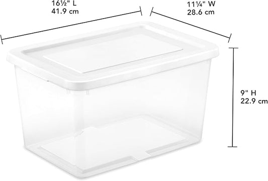 Sterilite 6 Pack Storage Boxes, Clear Plastic Stackable Containers, Lightweight Home Organizers with Snap Lids, 20 Quart, White