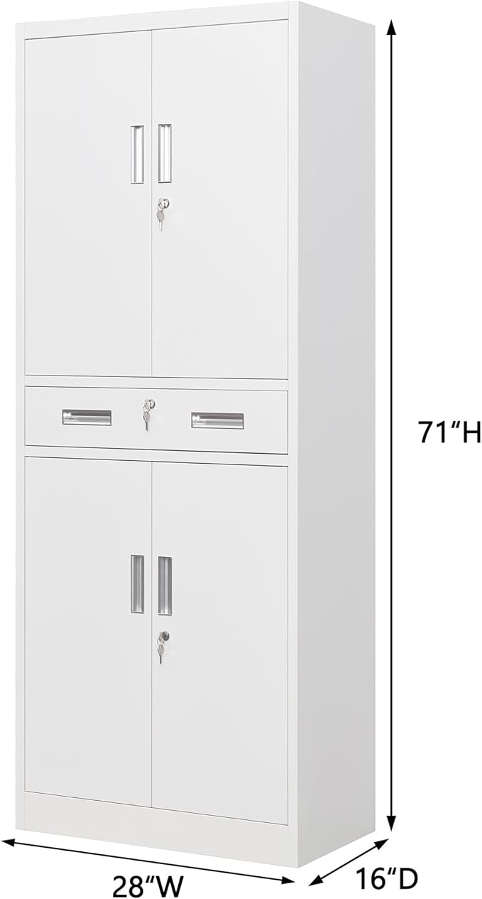 Metal Storage Cabinet, 71" H x 28" W x 16" D Locking Storage Cabinet with Adjustable Shelves and One Drawer for Office, Garage, Home, School, Utility(White)