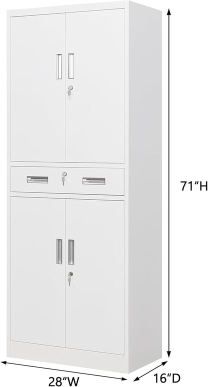 Metal Storage Cabinet, 71" H x 28" W x 16" D Locking Storage Cabinet with Adjustable Shelves and One Drawer for Office, Garage, Home, School, Utility(White)