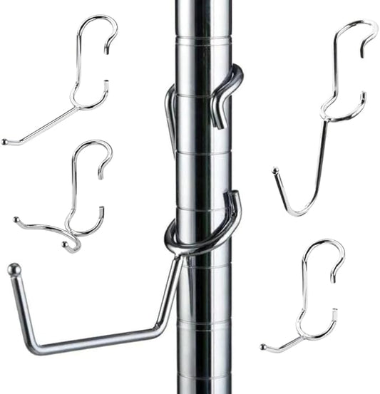 Shelf Pole Hooks 5-Pack | Chrome Variety Pack for Hanging | Snap-On Hooks for 1 Inch Poles | Wire & Metal Shelving Hooks for Kitchen, Garage & Home Organization