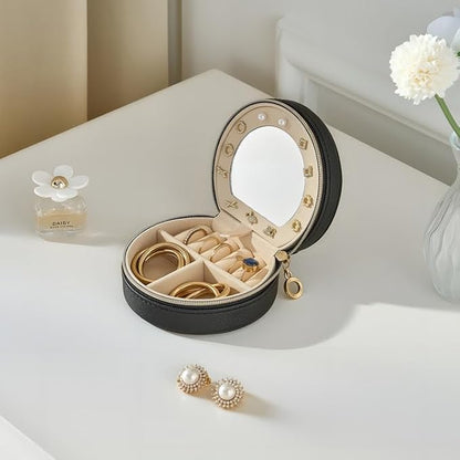 ProCase Travel Size Jewelry Box, Mini Portable Seashell-Shaped Jewelry Case with Mirror, 2 Layer Organizer in PU Leather for Women -Black