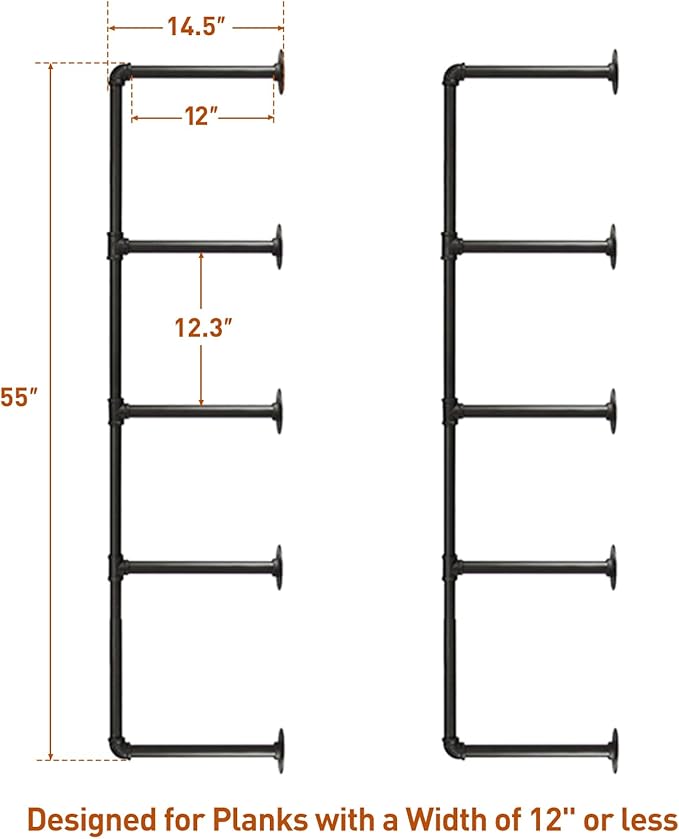 HITOMEN Industrial Iron Pipe Shelves, DIY Open Bookshelf Bookcase, Wall Mounted Vintage Retro Shelving, Rustic Farmhouse Pantry Kitchen Storage, Black Shelf Brackets, 2 Set 5-Tier, 55" Tall, 12" Depth