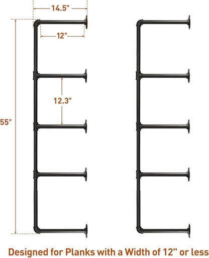 HITOMEN Industrial Iron Pipe Shelves, DIY Open Bookshelf Bookcase, Wall Mounted Vintage Retro Shelving, Rustic Farmhouse Pantry Kitchen Storage, Black Shelf Brackets, 2 Set 5-Tier, 55" Tall, 12" Depth