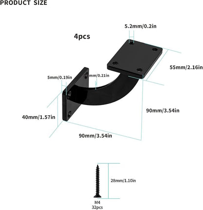Handrail Brackets, 4 Pcs Heavy Duty Hand Rail Brackets, Black Square Base Handrail Support Hardware Brackets Wall Mounted for Staircase Stair Railing Brackets, with Screws