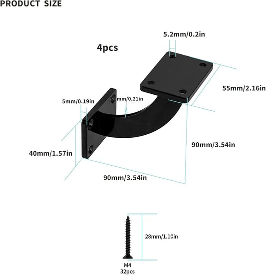 Handrail Brackets, 4 Pcs Heavy Duty Hand Rail Brackets, Black Square Base Handrail Support Hardware Brackets Wall Mounted for Staircase Stair Railing Brackets, with Screws