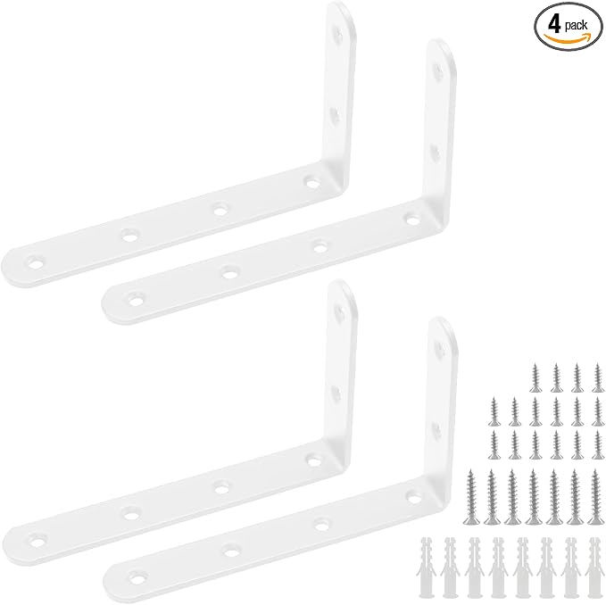 Luomorgo 4 Pcs L Shaped Brackets for Shelves, Heavy Duty Stainless Steel, Decorative Corner Brace Joint Right Angle Brackets, 5 x 3 Inch, White