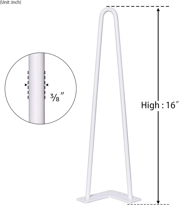 SMARTSTANDARD 16 Inch Heavy Duty Hairpin Furniture Legs, Metal Home DIY Projects for Nightstand, Coffee Table, Desk, etc with Rubber Floor Protectors White 4PCS