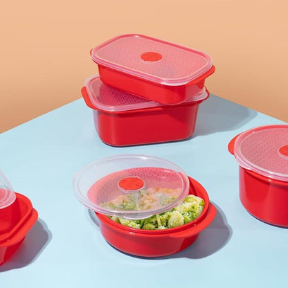Décor Microwave Food Containers Set | 5 Pack - 2 x 375ml, 3 x 900ml | Steam Release Vent | Dishwasher & Freezer Safe | Red