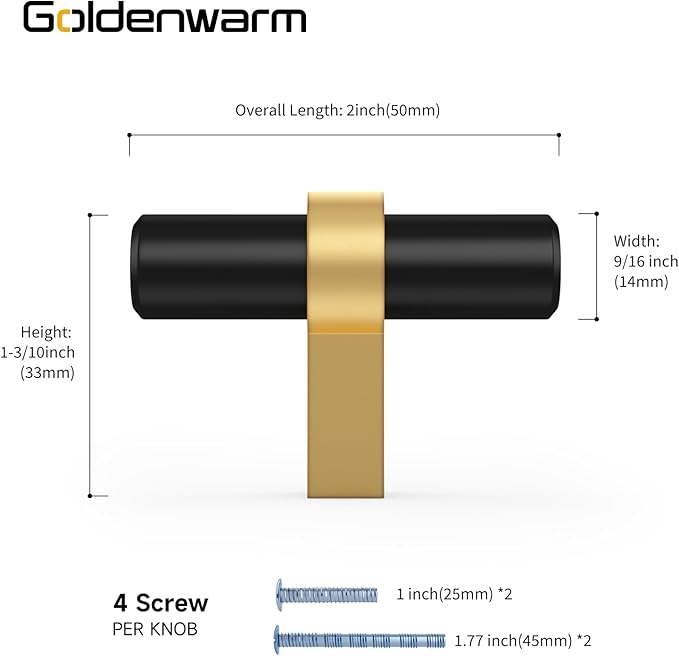 goldenwarm 20 Pack Black and Gold Cabinet Knobs Kitchen Cabinet Knobs Gold Drawer Handles, T-bar Dresser Hardware Handles
