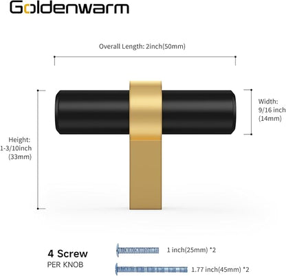 goldenwarm 15 Pack Black and Gold Cabinet Knobs Kitchen Cabinet Knobs Gold Drawer Handles, T-bar Dresser Hardware Handles