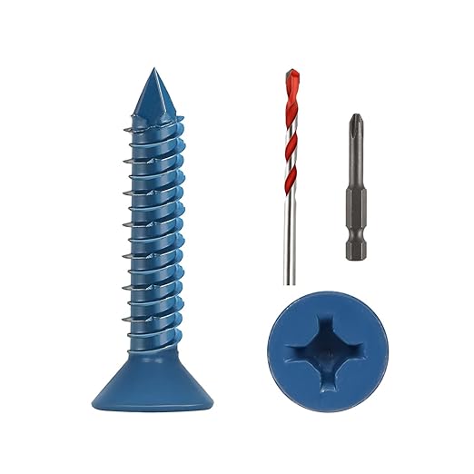1/4" x 1-1/4" Concrete Screws, 100 PCS Blue Flat Head Concrete Screws Anchor Kit for Masonry, Cement, Block, Brick or Stucco