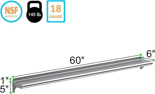 NSF Certified 18 Gauge Heavy Duty Stainless Steel Wall Shelf with Brackets for Kitchens, Utility Rooms, Storage, Offices & Home (60"x6")