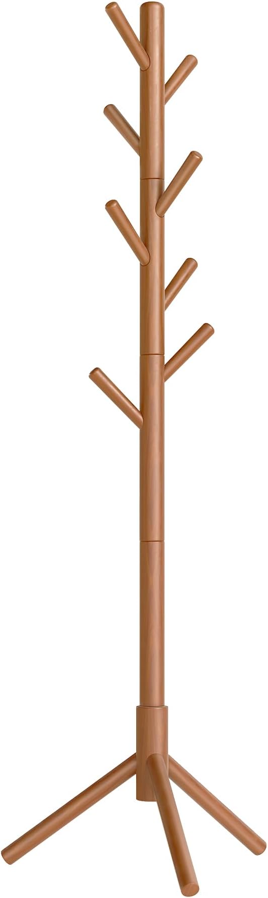 VASAGLE Solid Wood Coat Rack, Free Standing Tree-Shaped Coat Rack with 8 Hooks, 3 Height Options, for Clothes, Hats, Bags, Living Room, Bedroom, Home Office, Caramel Brown URCR04WN