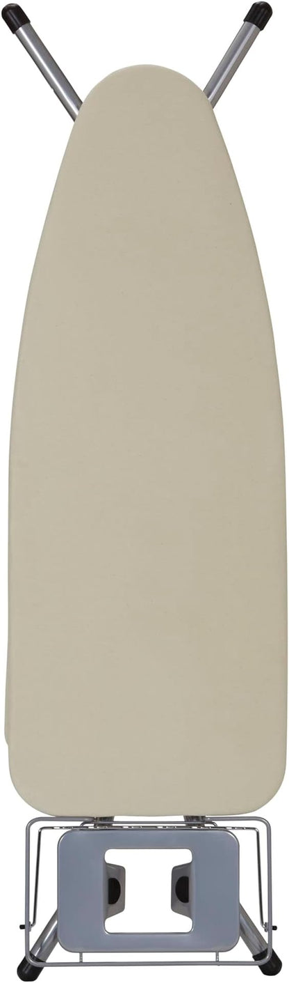 Household Essentials Wide Mega Ironing Board 4-Leg, Steel Top Pressing Station, Heat-Resistant Fiber Pad and Cotton Cover, Includes Sleeve Board and Iron Rest with Hanger Bar, Silver Frame