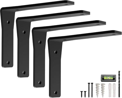 4 Pack Heavy Duty Shelf Brackets 6 Inch by Balin Designs – Decorative L Bracket for Shelves, Metal Shelf Support Bracket, Wall Mounted Countertop Iron Corbels, Floating Black Shelving Brackets