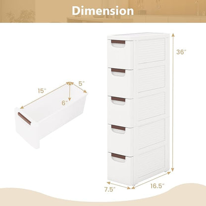 LOKO 5-Drawer Narrow Storage Cabinet, Slim Rolling Cart, Mobile Plastic Cart Container with Pull Handles, Built-in Wheels, for Living Room, Kitchen, Bathroom, Office (7.5"x16.5"x36" (5 Drawer))
