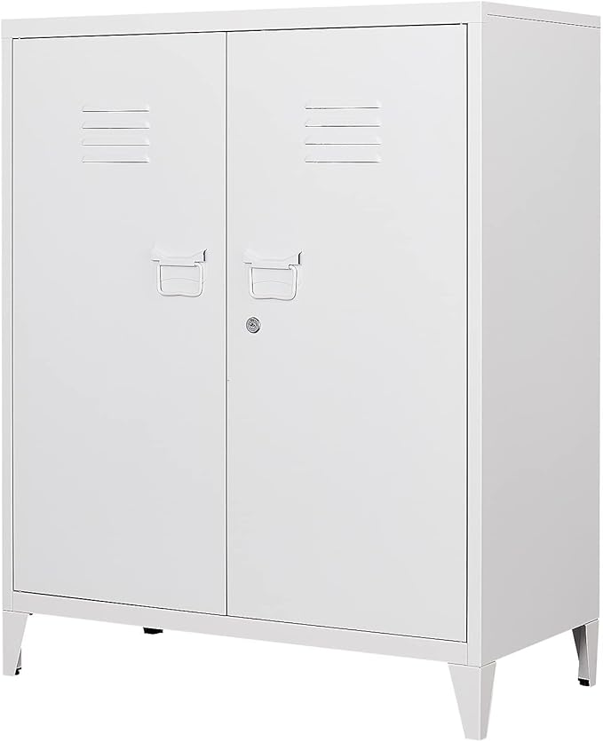 MIIIKO Metal Locker with 2 Doors,White Storage Sideboard Accent Cabinets for Kitchen,Pantry,Office，Garage