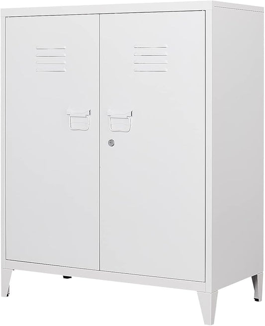 MIIIKO Metal Locker with 2 Doors,White Storage Sideboard Accent Cabinets for Kitchen,Pantry,Office，Garage