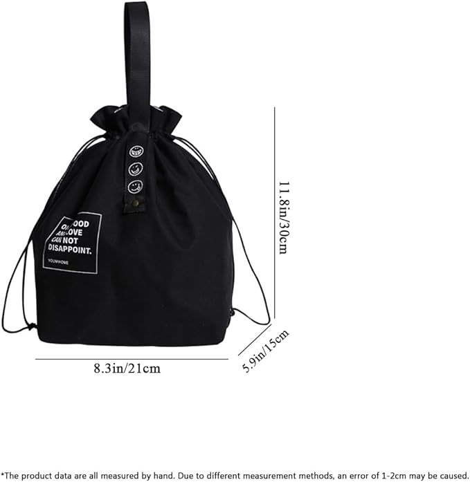 Canvas Drawstring Lunch Bag Insulated Lunch Tote Japanese Style Bento Tote Bag Reusable Lunch Bag Insulated Handbag Tote bag with Handle and Drawstring Closure for Women Work Picnic or Travel(BLACK)