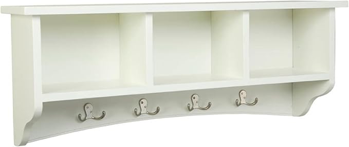 Shaker Cottage 36-Inch Wall-Mounted Coat Rack with 3 Open Shelves – Transitional Entryway Organizer, Mudroom Storage Shelf with 4 Hooks – Space-Saving Wall Storage by Alaterre Furniture (Ivory)