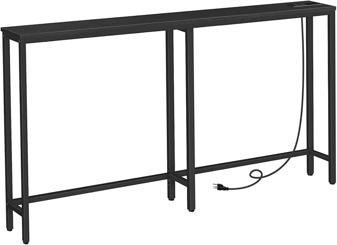 HOOBRO 63" Narrow Console Table with Charging Station, 5.9" Sofa Table with 2 Power Outlets and USB Ports, Long Entryway Tables Behind Couch Table, for Hallway, Livingroom, Black BB165UXG01G1
