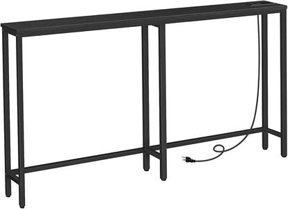 HOOBRO 63" Narrow Console Table with Charging Station, 5.9" Sofa Table with 2 Power Outlets and USB Ports, Long Entryway Tables Behind Couch Table, for Hallway, Livingroom, Black BB165UXG01G1
