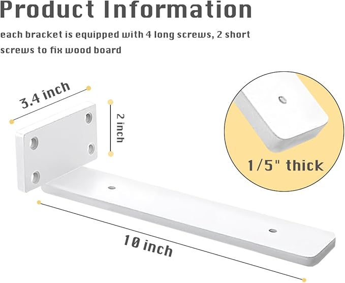 8 Pack Shelf Brackets White 10 Inch Floating Shelf Bracket 1/5 inch Thick Heavy Duty Hidden Shelf Brackets Iron Metal Brackets for Shelf Support with Screw Included