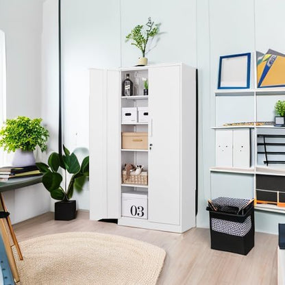 Metal Storage Cabinet-71” Tall Steel File Cabinets with Lockable Doors and Adjustable Shelves-White Steel Storage Cabinet for Home, School, Office, Garage