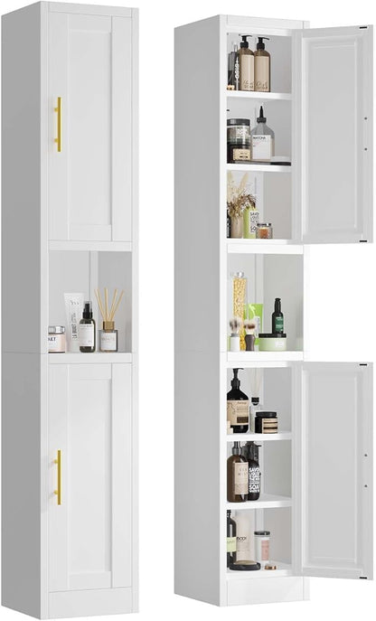 67" Tall Narrow Storage Cabinet Metal Bathroom Cabinet with 2 Doors & 4 Adjustable Shelves, Standing Pantry Cabinets Cupboard for Kitchen, Dining Room, Living Room and Bathroom (White)