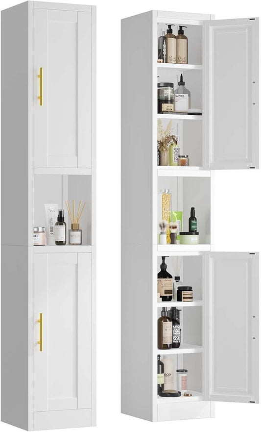67" Tall Narrow Storage Cabinet Metal Bathroom Cabinet with 2 Doors & 4 Adjustable Shelves, Standing Pantry Cabinets Cupboard for Kitchen, Dining Room, Living Room and Bathroom (White)